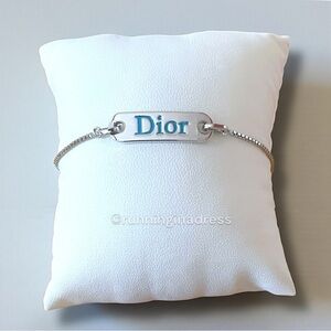 VINTAGE Christian Dior Enamel Logo ID Bracelet Charm In Silver & Blue Y2K